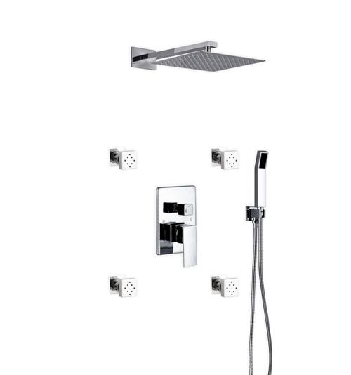 Aqua Piazza Brass Shower Set with Square Rain Shower, 4 Body Jets and Handheld Chrome Ceiling Arm