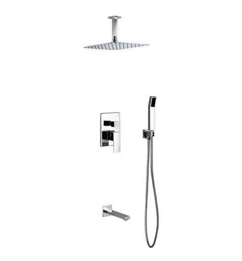 Aqua Piazza Brass Shower Set with Ceiling Mount Square Rain Shower (Tub Filler and 4 Body Jets)