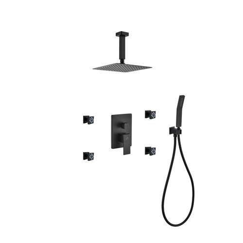 Aqua Piazza Brass Shower Set with Ceiling Mount Square Rain Shower (Handheld and 4 Body Jets) Black 8"