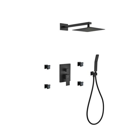 Aqua Piazza Brass Shower Set with Square Rain Shower, 4 Body Jets and Handheld Black Wall Arm