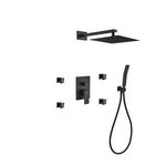 Aqua Piazza Brass Shower Set with Square Rain Shower, 4 Body Jets and Handheld Black Ceiling Arm
