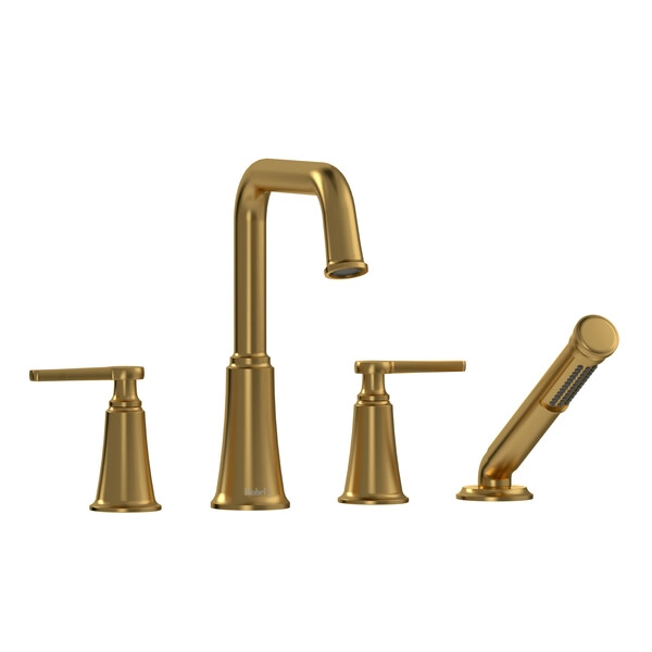 Riobel Momenti 4-Piece Deck-Mount Tub Filler with Hand Shower with Square Spout Brushed Gold