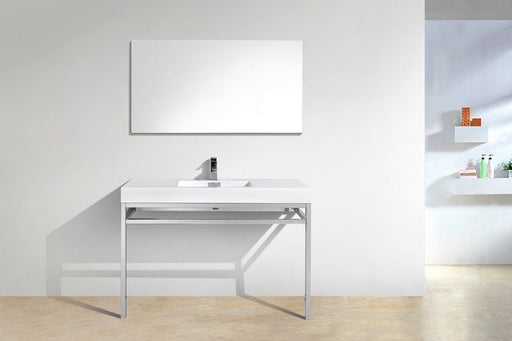 haus 48 stainless steel console w white acrylic sink matte black kubebath