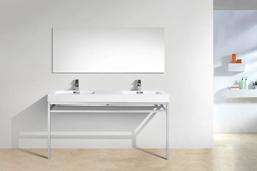 haus 60 double sink stainless steel console w white acrylic sink chrome kubebath