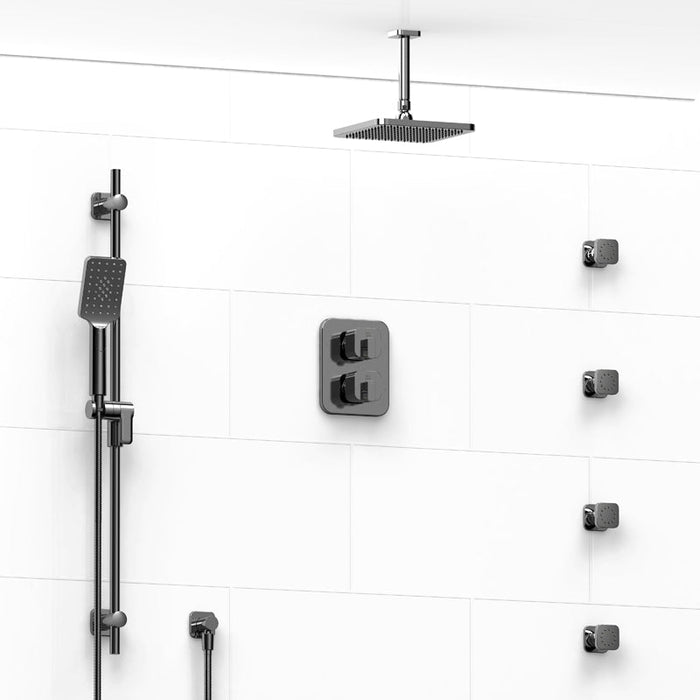 Riobel Equinox System with Hand Shower Rail, 4 Body Jets and Shower Head Brushed Chrome Ceiling Mount