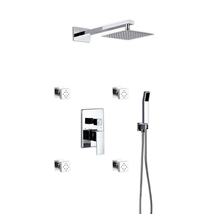 Aqua Piazza Brass Shower Set with Square Rain Shower, 4 Body Jets and Handheld Chrome