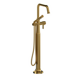 Riobel Momenti Floor-Mount Tub Filler with Hand Shower with Square Spout Brushed Gold